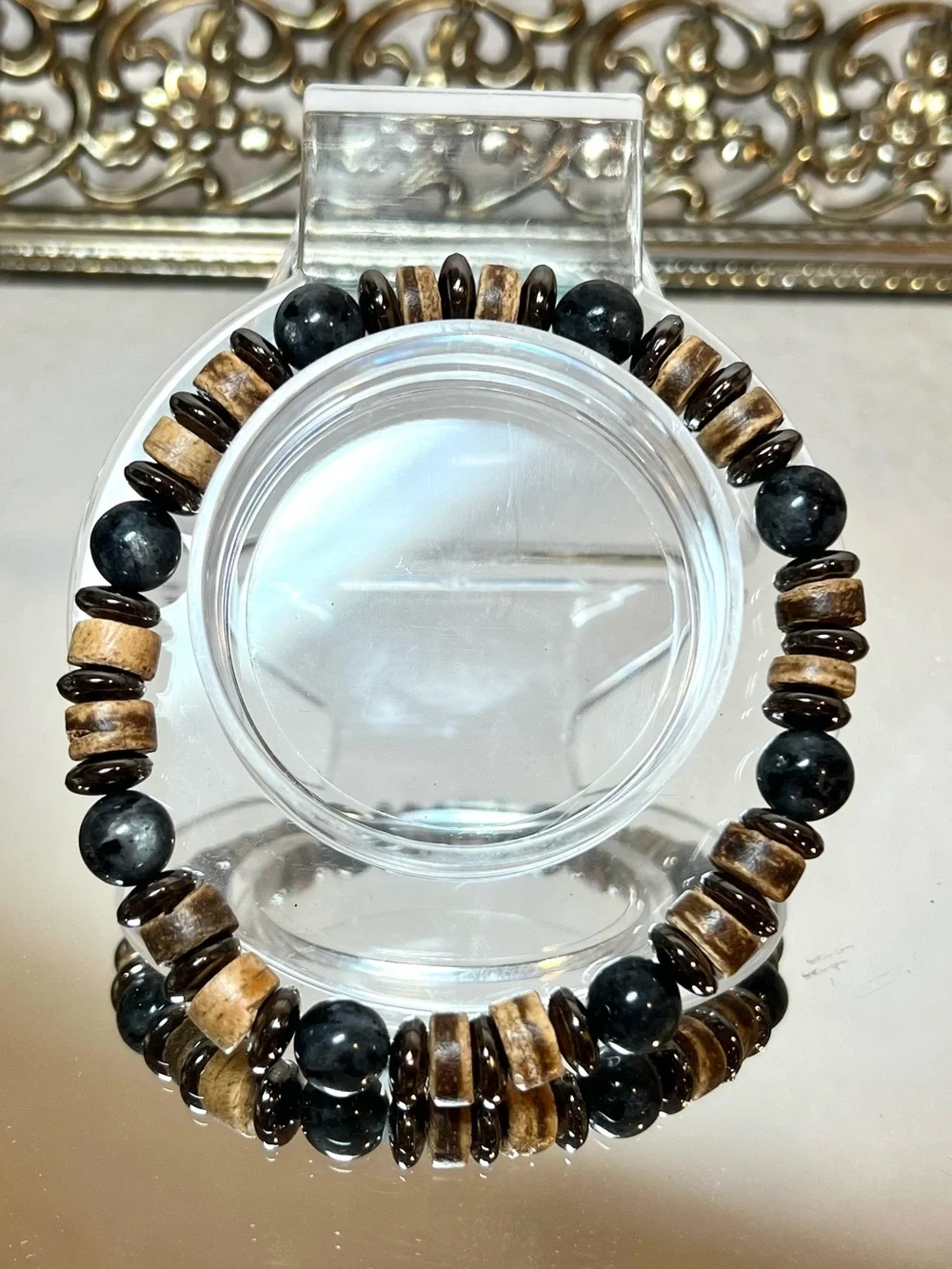☀️2/$20 Handcrafted Black Labradorite and Brown Beaded Stretch Bracelet | Unisex